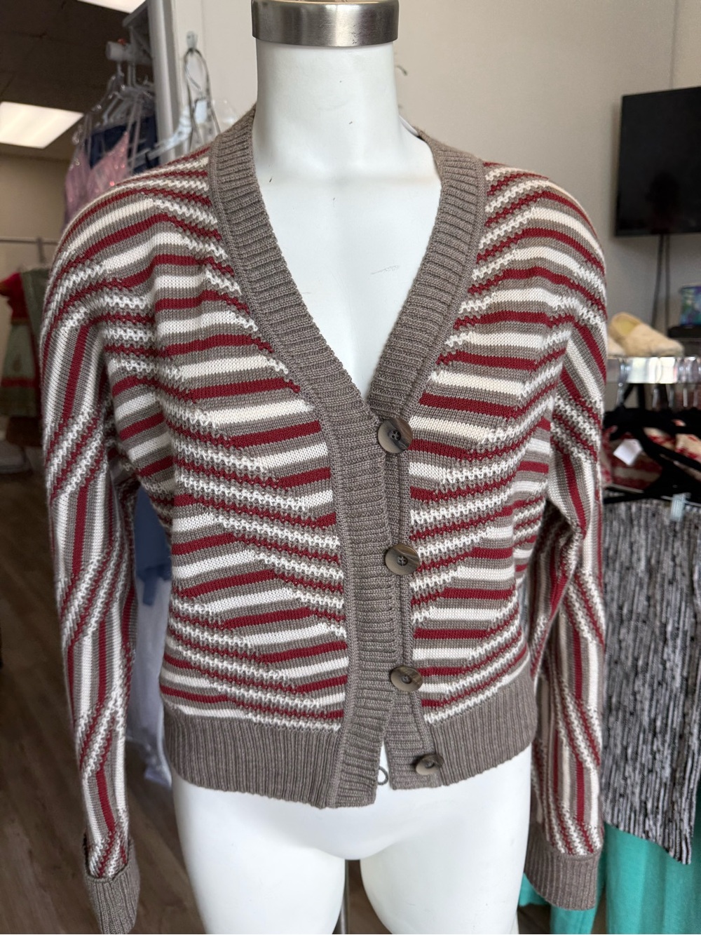Striped V-Neck Button Cardigan Sweater - Taupe, Cream & Burgundy